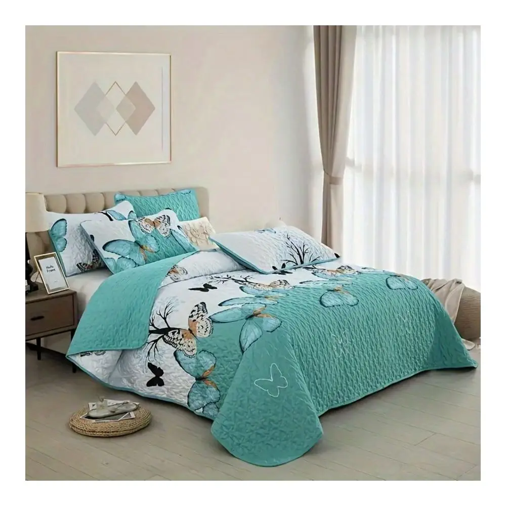 Fresh Butterfly Printed Quilted Bed Cover Set, Including 1 Bed Cover And 2 Pillowcases, Machine Washable, Comfortable For All S