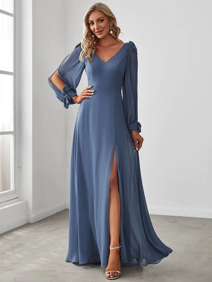 

Women's elegant Open Lantern Sleeve double V-neck long sleeved chiffon A-line slit Bridesmaid Dress