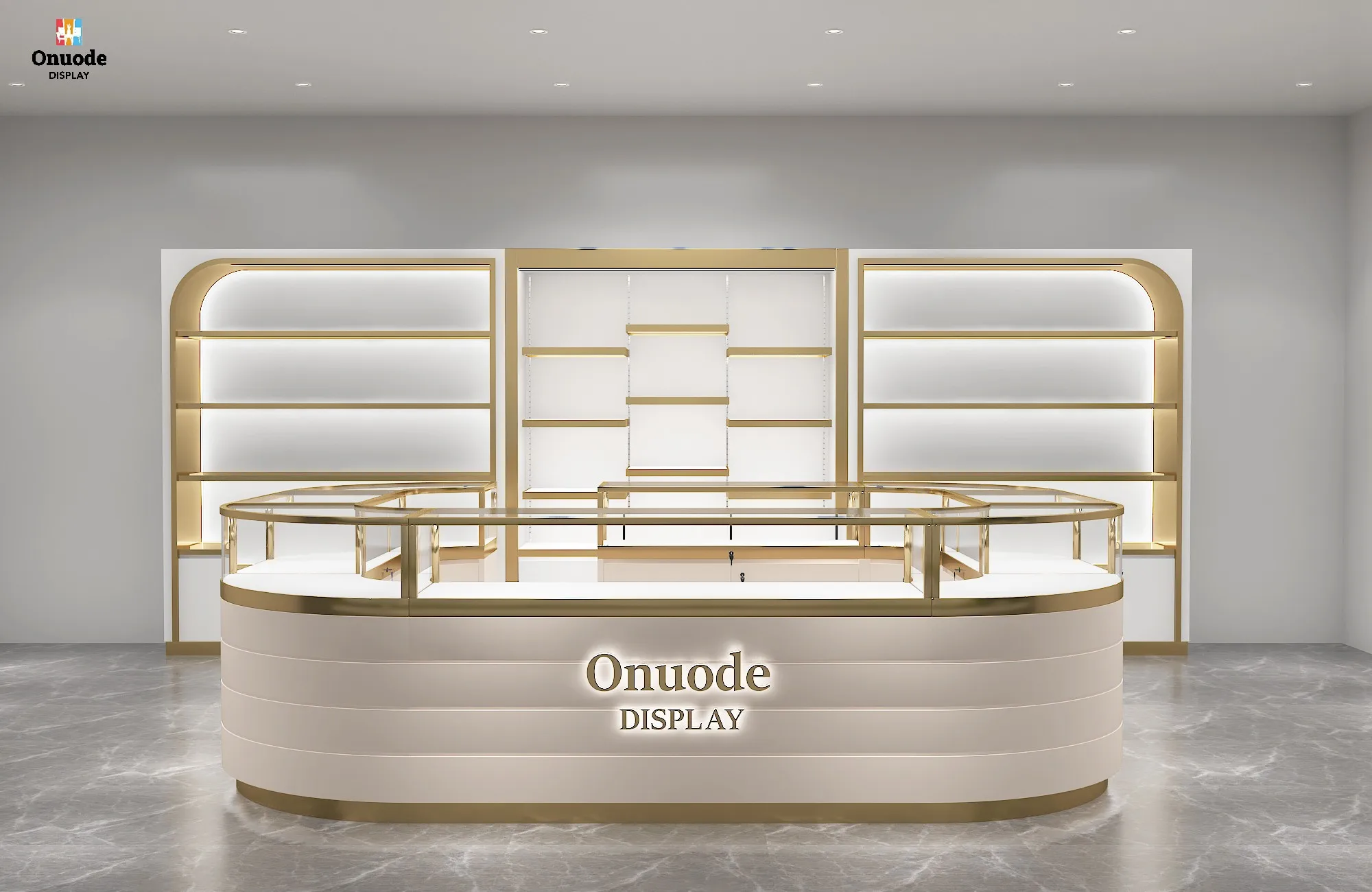 Quiosco de joyería personalizado de lujo para centro comercial |   Cabina minorista moderna con escaparate de vidrio y gabinete de joyería con iluminación LED