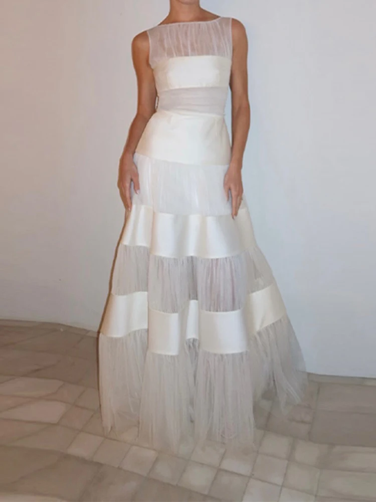 Spring O Neck Loose Hem Long Dress Luxury Fashion Color Block Mesh Evening Dress Women's New Summer Sleeveless A-Line Maxi Dress