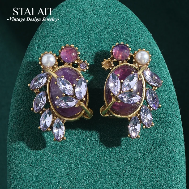 

Vintage Violet Flower Clover Crystal Earrings Luxury Drop Dangle Charm Jewelry Natural Stone Glass Designer Woman Accessories