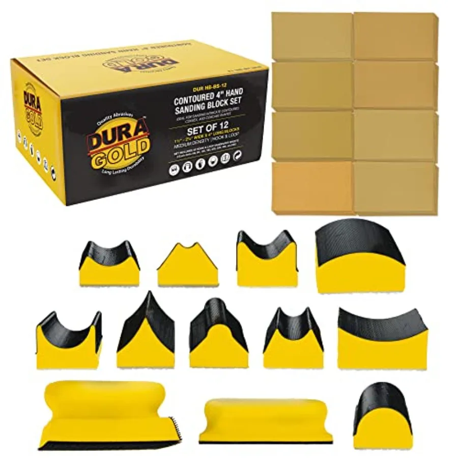 

Dura-Gold Contoured Profile 4" Hand Sanding Block Set with 40 Sheet Hook and Loop Sandpaper Kit - Interchangeable Assorted Conv