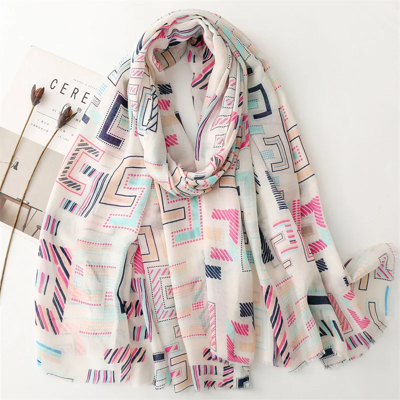 Spain Fashion Geometric Letter Fringe Viscose Shawl Scarf Lady High Quality Wrap Pashmina Stole Bufandas Muslim Hijab 180*90Cm