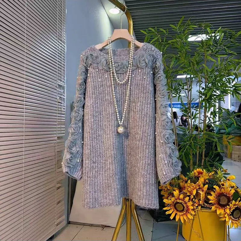 Rose Nail Bead Design, Medium Length Long Coat, Winter Slimming Knit Sweater, All Match Elegant Casual Women's Top