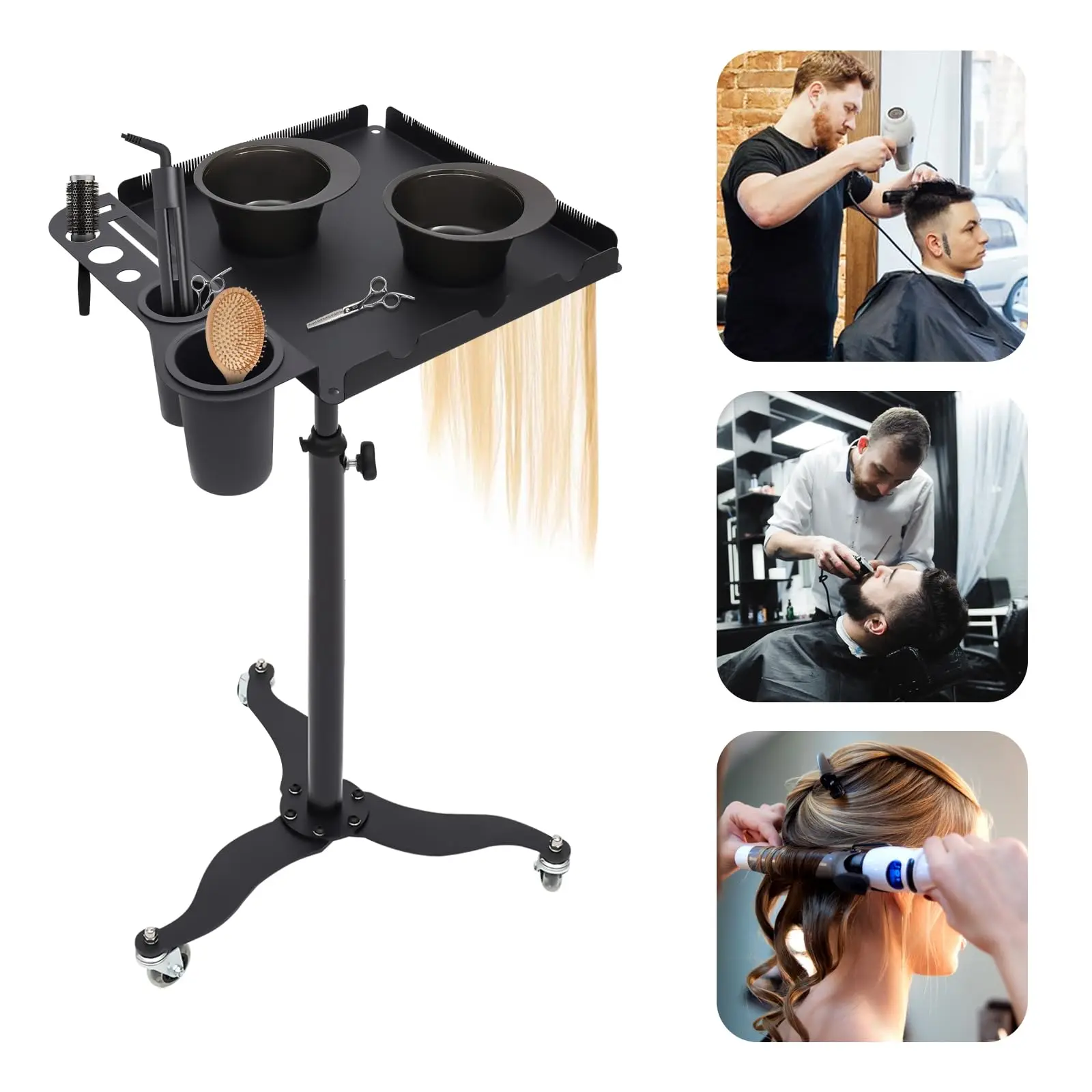 Rolling Salon Tray on Wheels, Metal Hairstylist Tray Rolling Cart for Hair Salon Station with 2 Hair Color Bowls, Salon Trolley