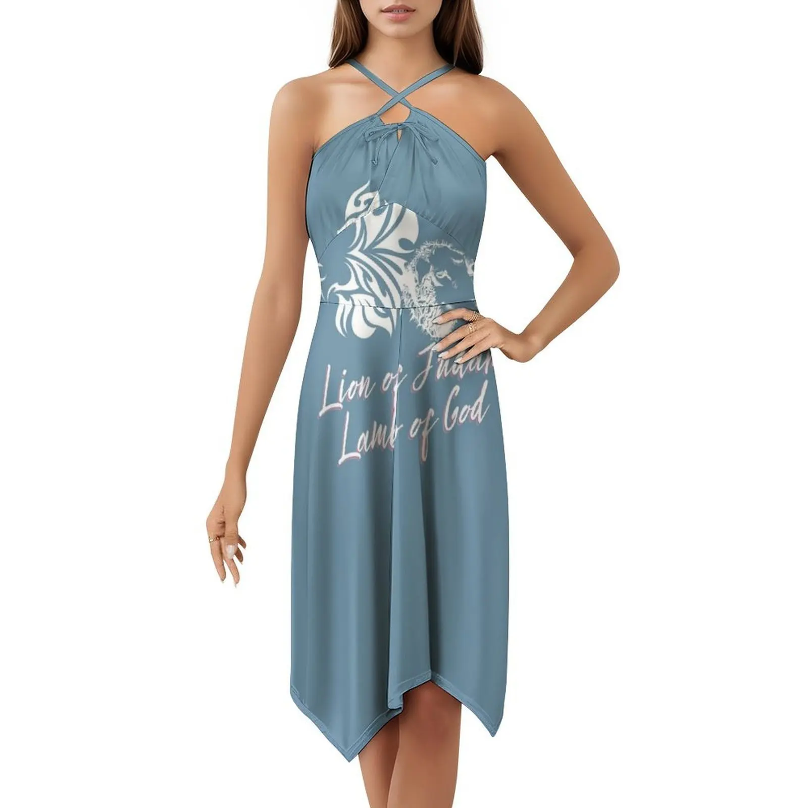 أسد يهوذا ; فستان بفتحة عنق على شكل قلب من الله فستان صيفي أنيق للحفلات للنساء الله يهوذا الأسد يسوع نهاية مسيحية