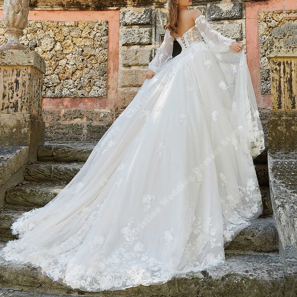 Eleganti abiti da sposa da donna a-line pizzo stampa floreale scollo a v Tulle abiti da sposa lunghezza di lavaggio Beach Gathering Vestidos De Noiva