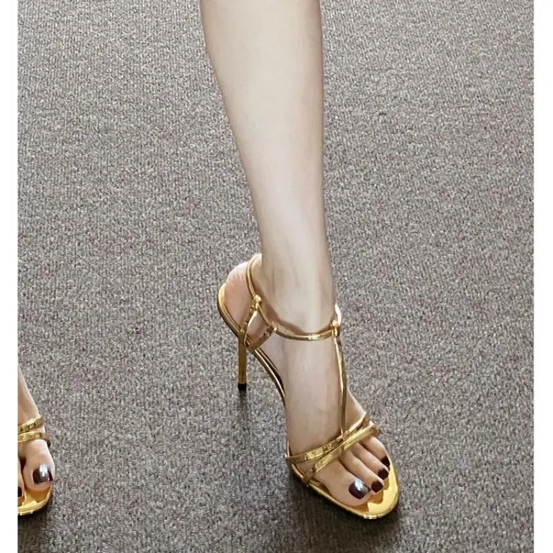 

Gold Sandals Women's Summer New Faion Roman Sle Knot T-Strap High Heels Breathable Open Toe Luxury Sensation Footwear