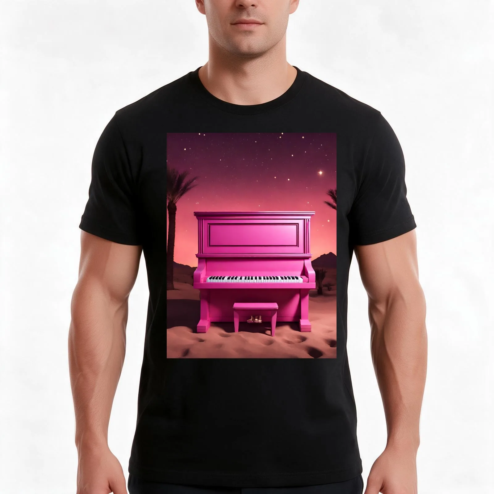 Piano in the Egyptian desert with Pyramids, jungles, lanterns, ancient Rome T-Shirt, Summer Casual Cotton Tee, Unisex Men Women