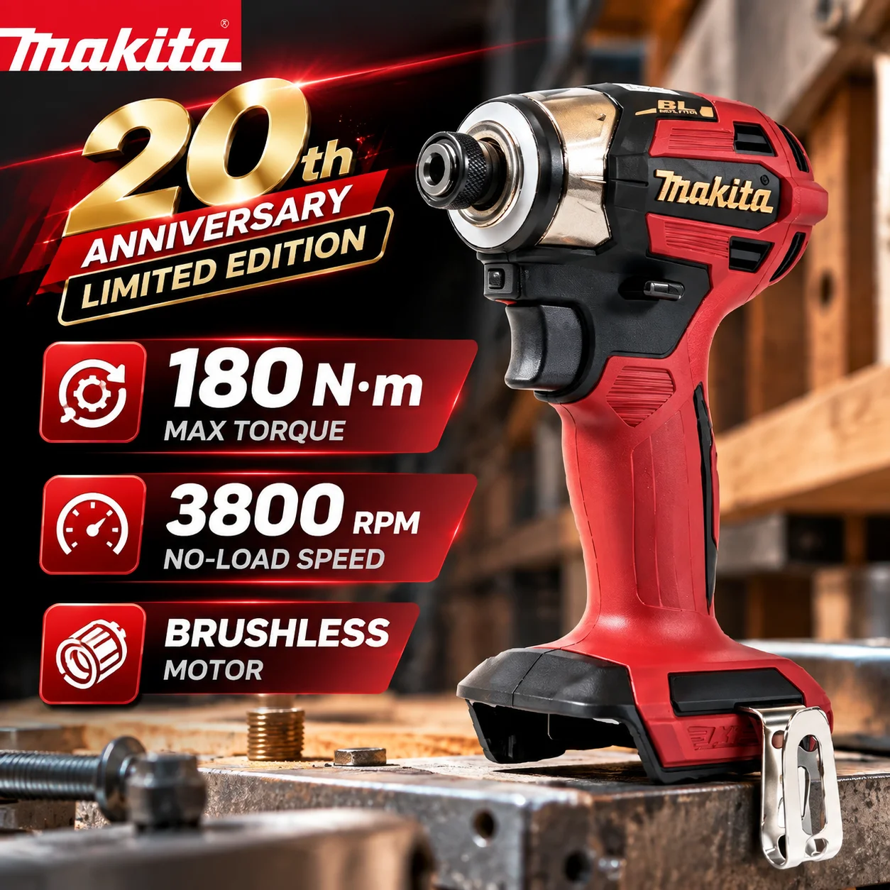 Makita DTD173 20th Anniversary Limited Edition 18V Brushless Cordless Impact Driver 180N.m Premium Red Power Tool for Woodworki