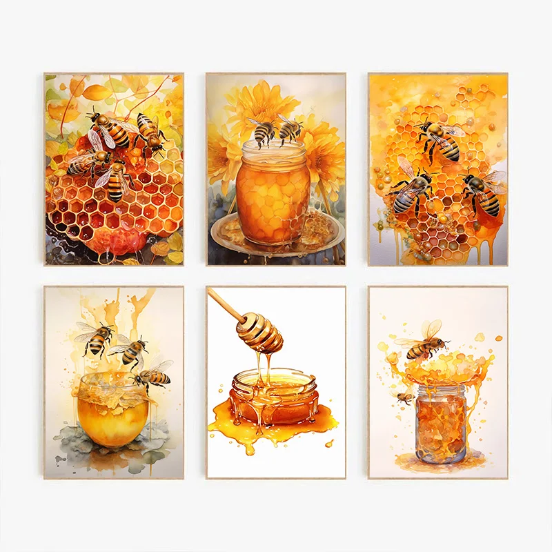 （2D Canvas painting） Fresh Bees Collecting Honey And Canned Honey Poster Print Wall Art Pictures Canvas Painting Living Room