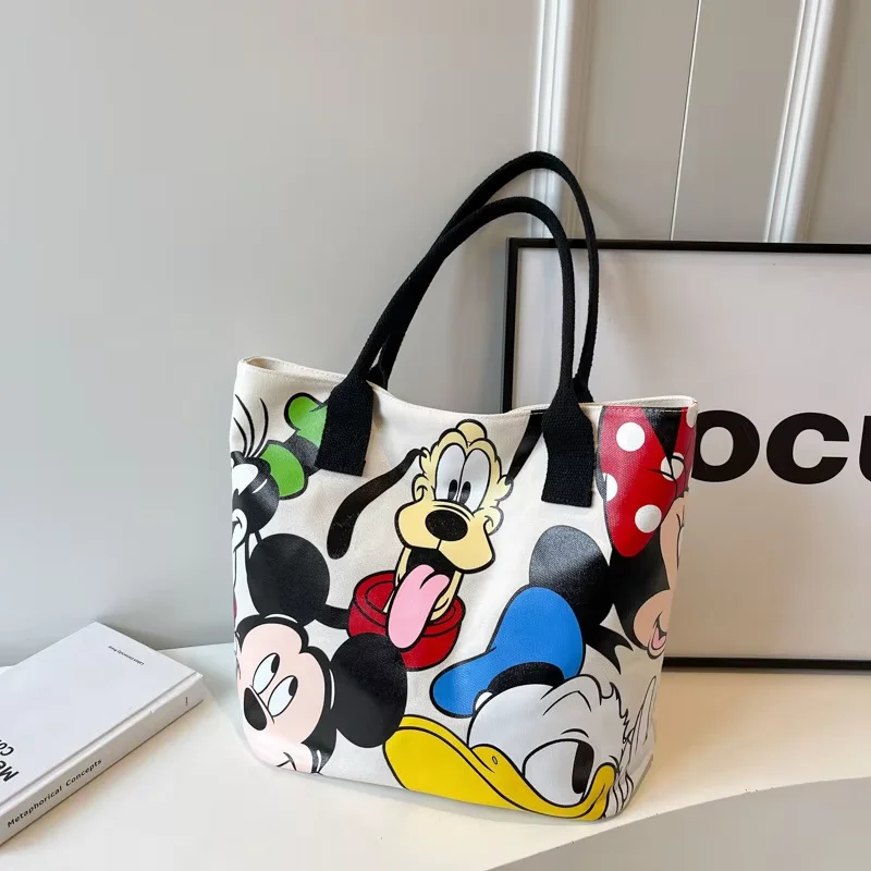 Borsa tote in tela Disney di grande capacità con cartoni animati di Topolino - Borsa a tracolla alla moda da donna con cerniera e chiusura a bottone