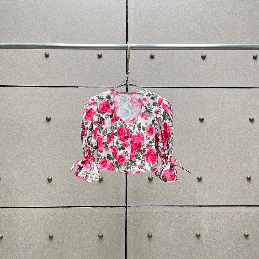 

2026 New 100% Cotton Women's Floral Blouse V Neck Crop Top Bow Tie Cuff Rose Print Short Shirt Casual Elegant Summer Blouse