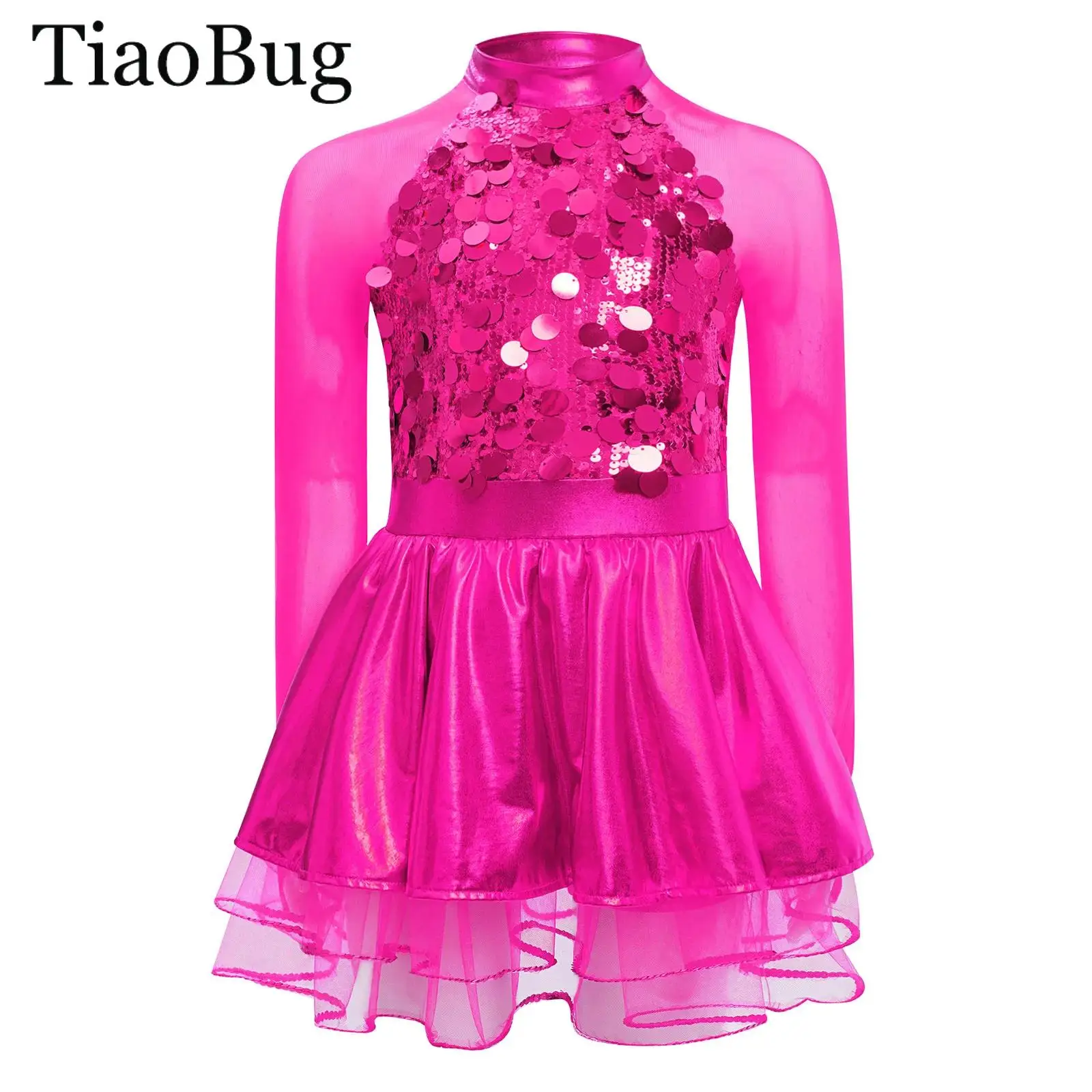 

Girls Sparkling Sequin Metallic Jazz Ballet Tutu Dress Long Sleeves Sheer Mesh Modern Skating Gymnastics Leotard Dresses