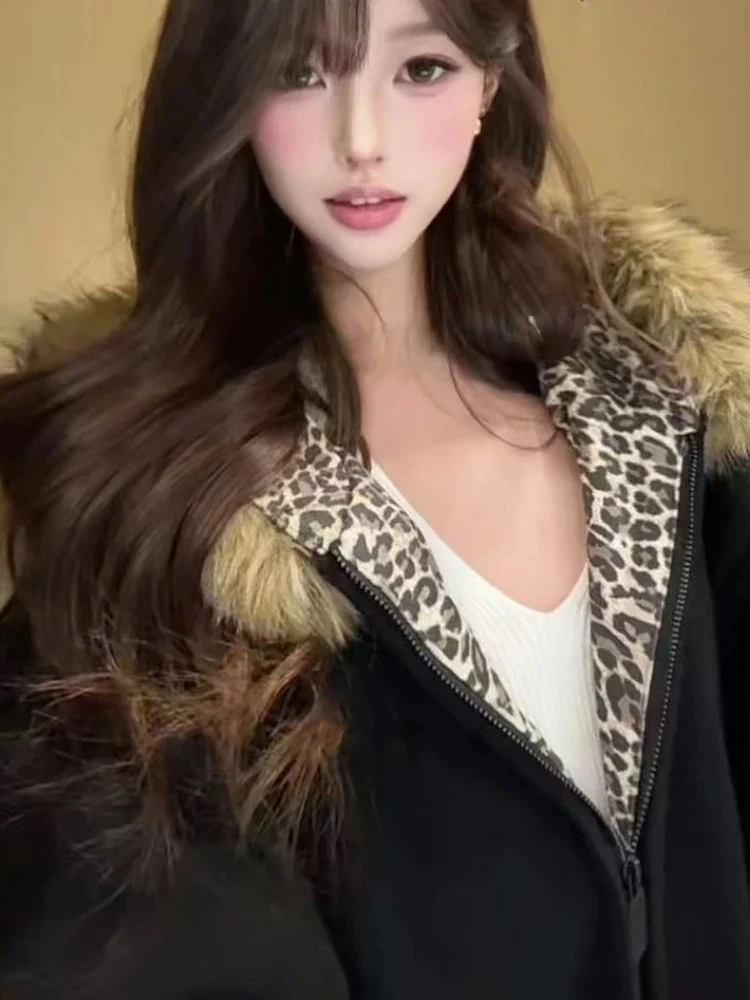 Harajuku Vintage Leopard Patchwork Pelliccia Con Cappuccio Magliette e camicette 2025 Donne Lettera Ricamo Felpe Casual Allentato Grunge Cerniere Felpe