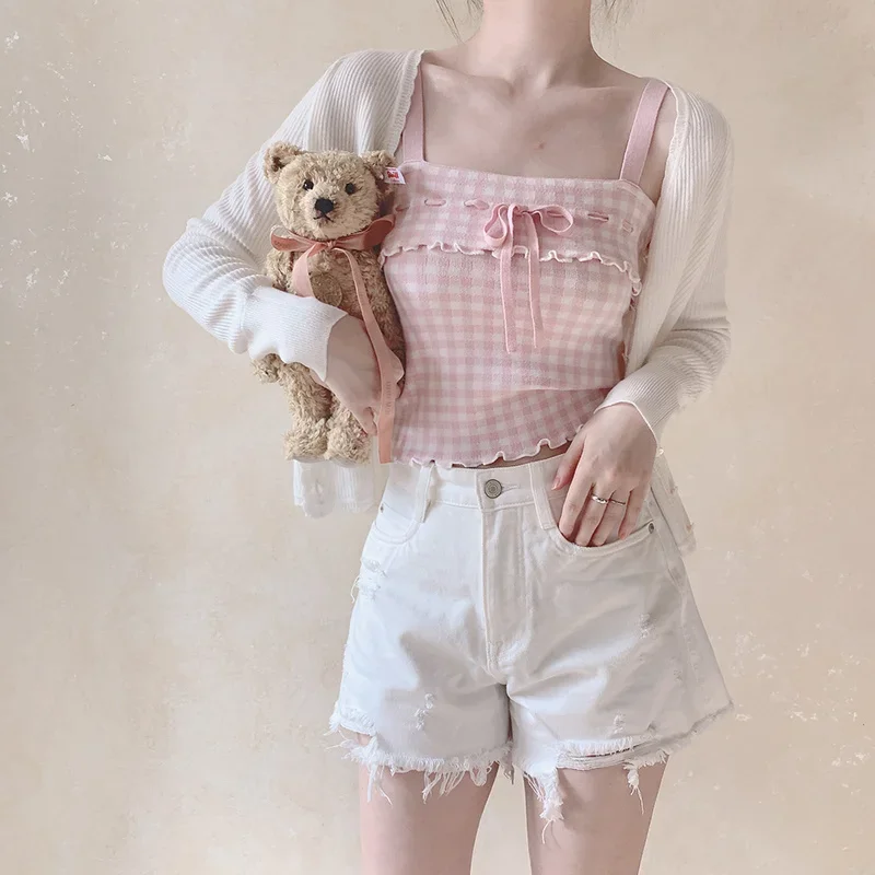 Cute Crop Top Women Summer Lace-up Plaid Tops for Sweet Girl Kawaii Clothes