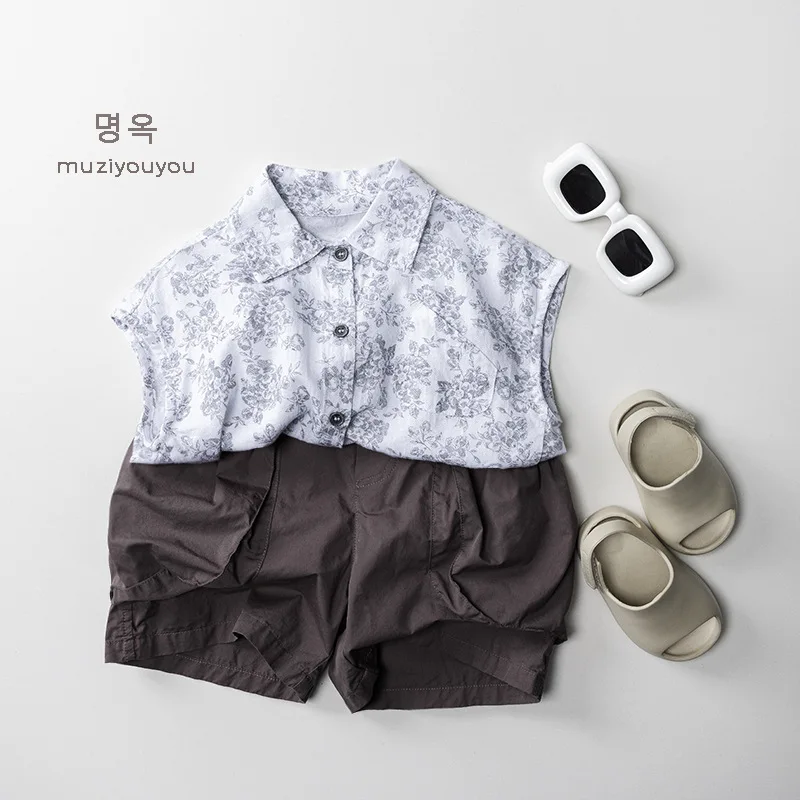 Thin Printed Sleeveless Shirt Summer New Boys Children's Top Children's Japan and Korea Fashion Boy Shirt