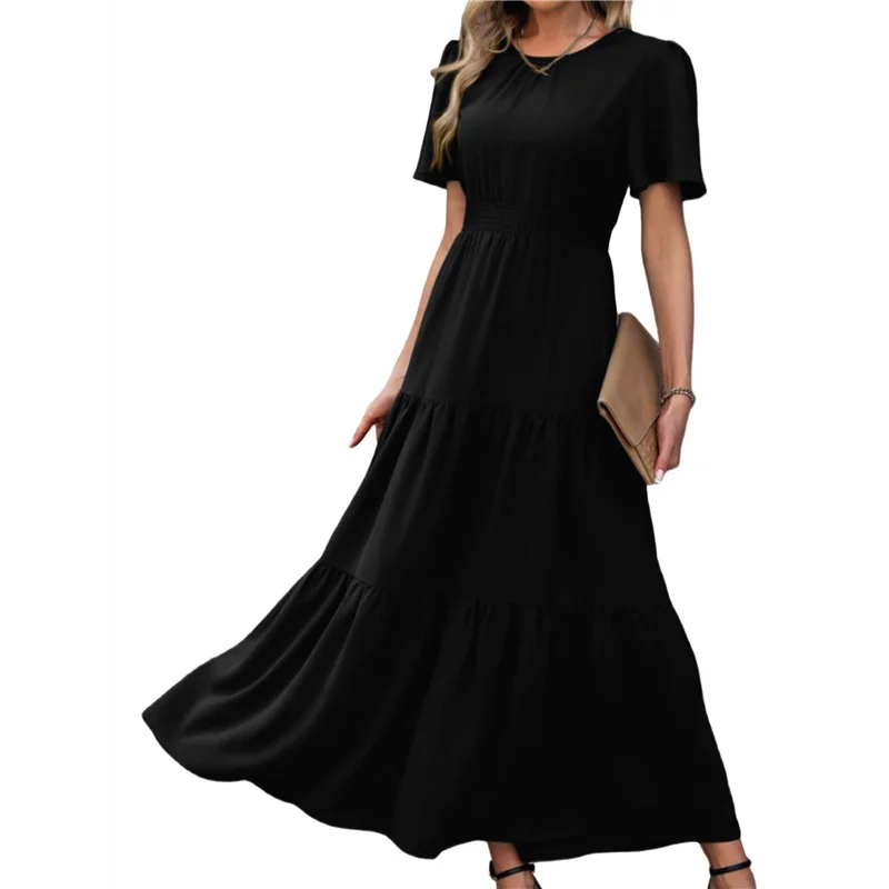 Women's Summer Casual Short Flutter Sleeve Round Neck Smocked Waist Tiered Boho Floral Flowy Maxi Dress-A55G