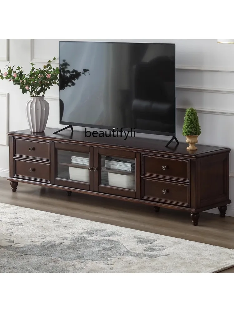 Solid Wood TV Cabinet Tea Table Combination Small Apartment Simple Living Room Storage Audio-Visual Floor Cabinet