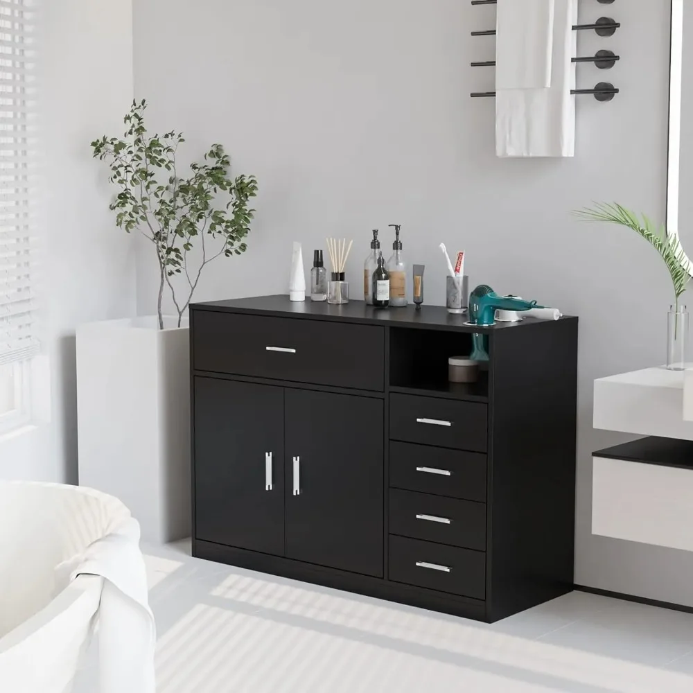 محطة صالون التجميل مع 5 أدراج، وخزانة تخزين واحدة، و3 حاملات لمجفف الشعر