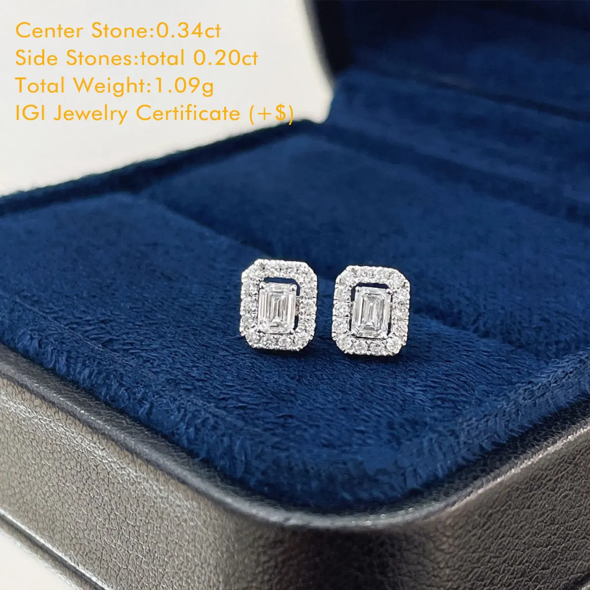 Emerald Cut Diamond Stud Earrings In 18K White Gold Convertible Diamond Earrings Total 0.54ct Lab Grown Diamond Halo Earring