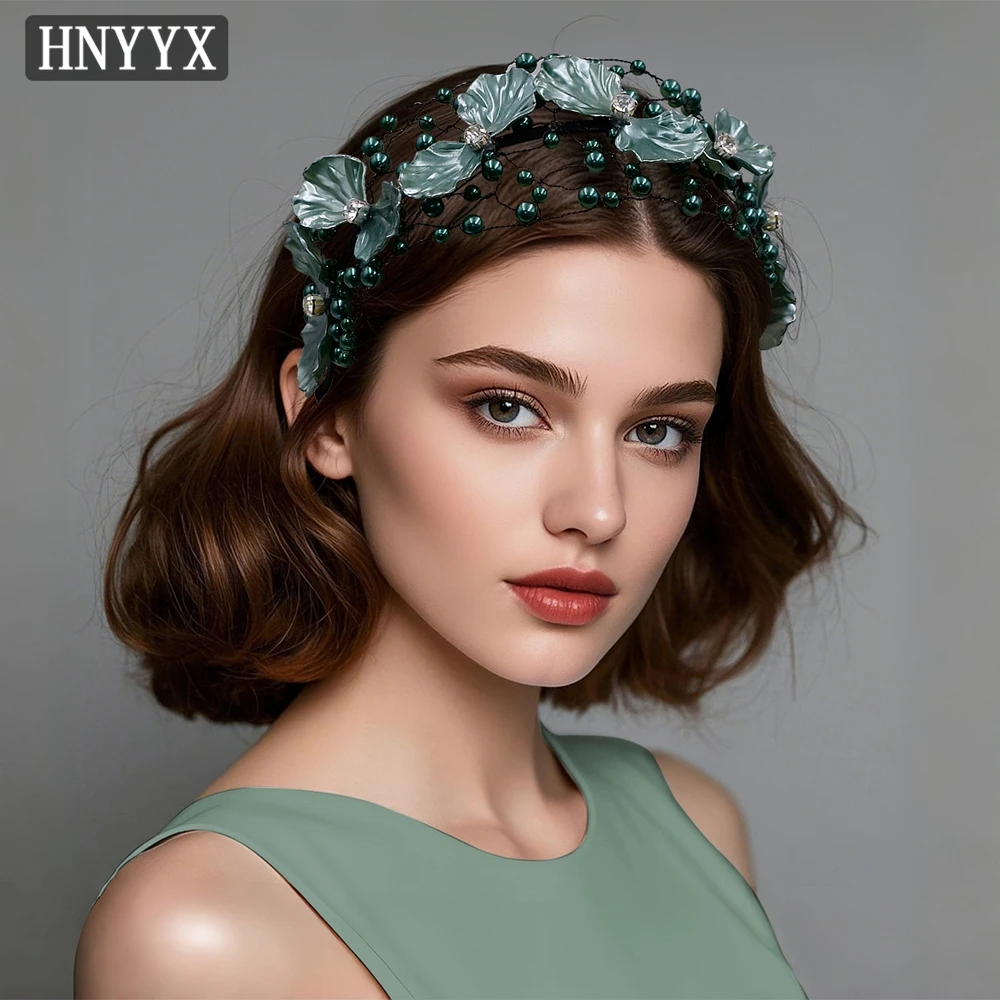 

HNYYX Korean Retro AB Flower Headband Mesh Blue Pearl Headwear Elegant Women Hair Accessories Jewelry Headdress for Bride A187