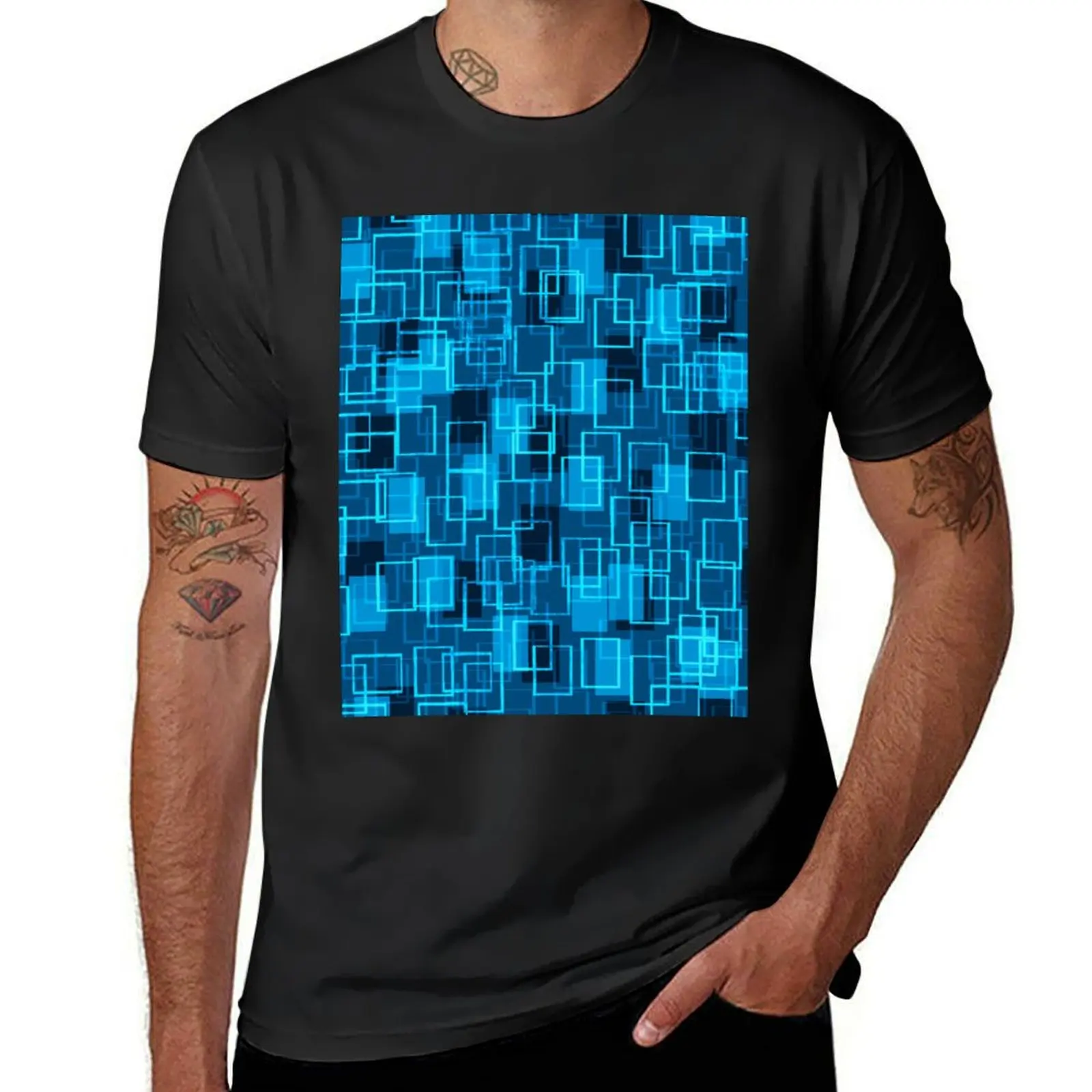 Blue Rectangle Pattern T-Shirt blacks plus size tops shirts graphic tees mens workout shirts