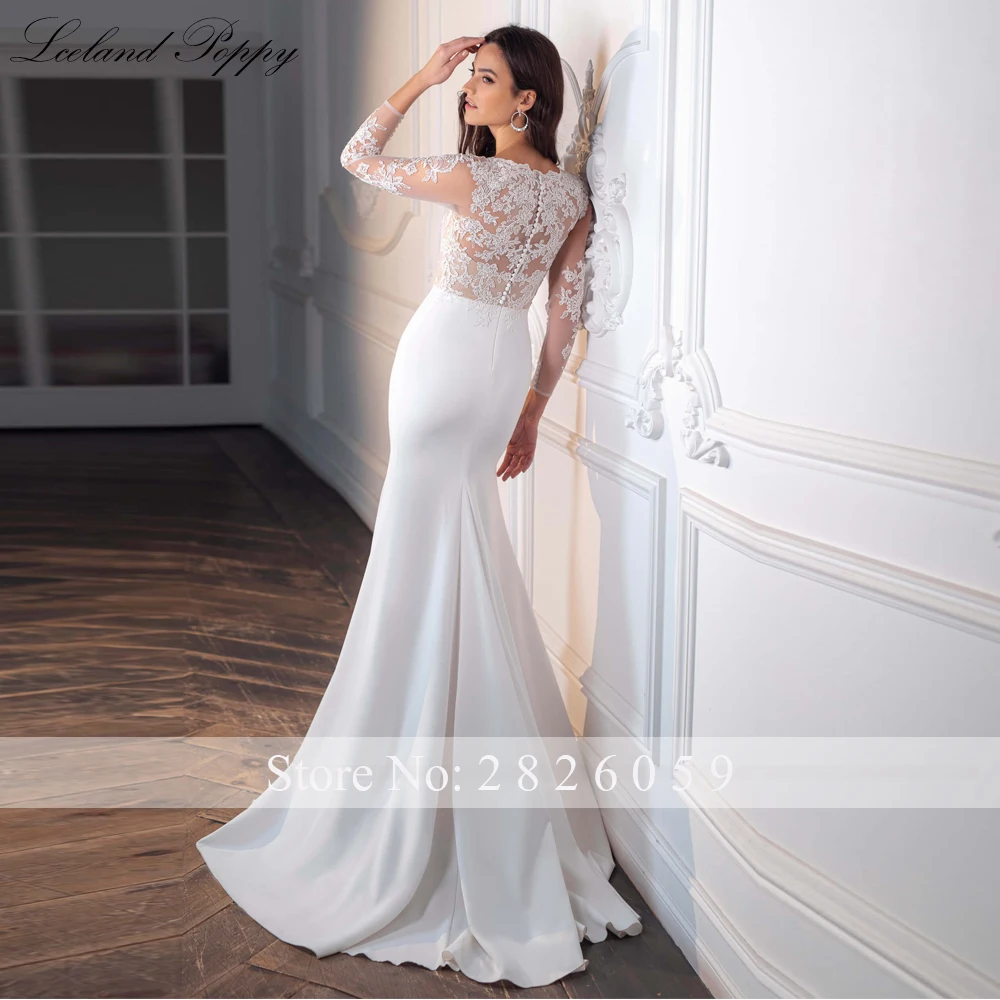 Lceland Poppy Customized V Neck Mermaid Satin Wedding Dresses Full Sleeves  Floor Length Bridal Gowns