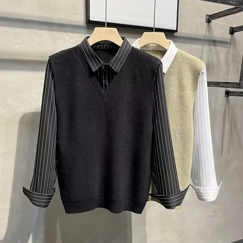 

Men's Long Sve irt Sweatirt Patchwork Large Size 250 Pou Fake Two-Piece Autumn Winter Outerwear Knitted Sweater