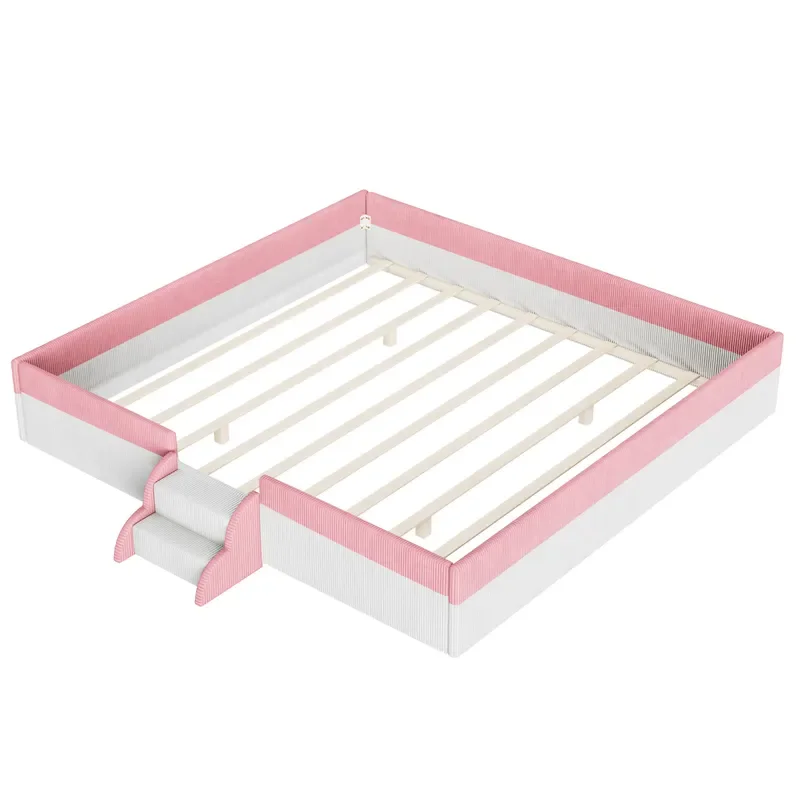 Pink White Corduroy Kids Platform Bed with Step Guardrail Low Profile Children Bedroom Furniture Customizable