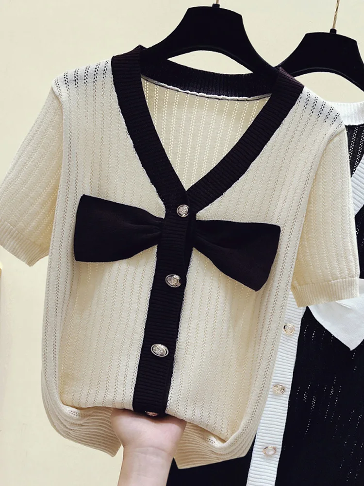 

2023 Summer Bowtie Stylish Knit Sweater Tshirt For Women Short Sleeve Ice Silk Casual Fashion Loose Ladies Knitwear Pullover