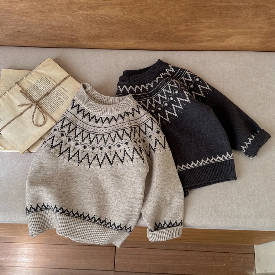 

2025 Winter Kids Knit Sweater for Boys Girls Long Sleeve Knitted Pullover Vintage Toddler Warm Clothes