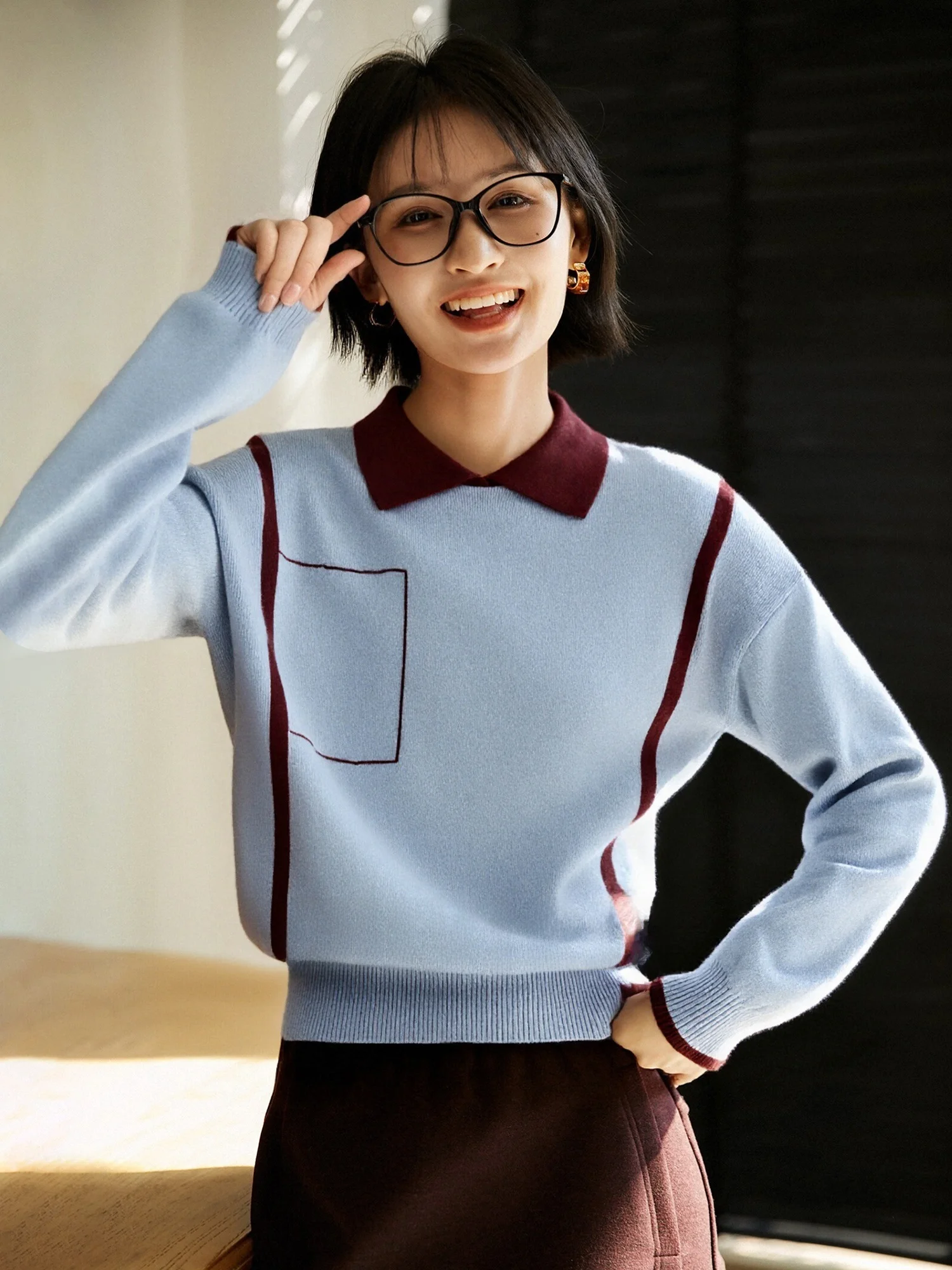 

Loose Long Sve Knitted Sweater Women's Base Layer Top Cotton Polyester Spandex Blend Flip Collar Comfortable Slimming