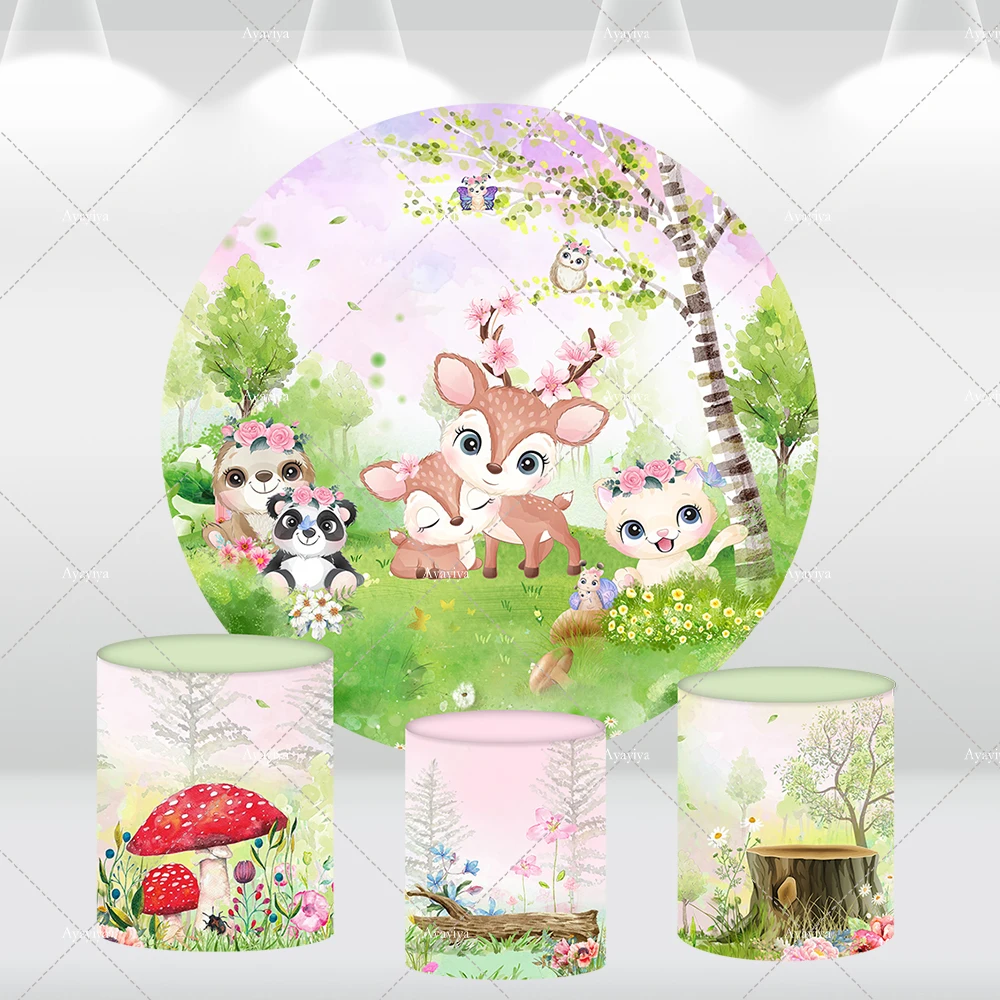 

Spring theme Sika Deer Round Backdrop Cover for Kids Baby Shower Decors Banner Animals Safari Party Circle Background Photo