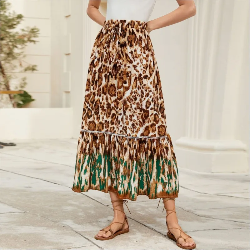 Leopard Print Elastic Waist Bohemian Beach Vacation Half Skirt For Women Artistic Retro Positioning Flower Element A-line Skirt