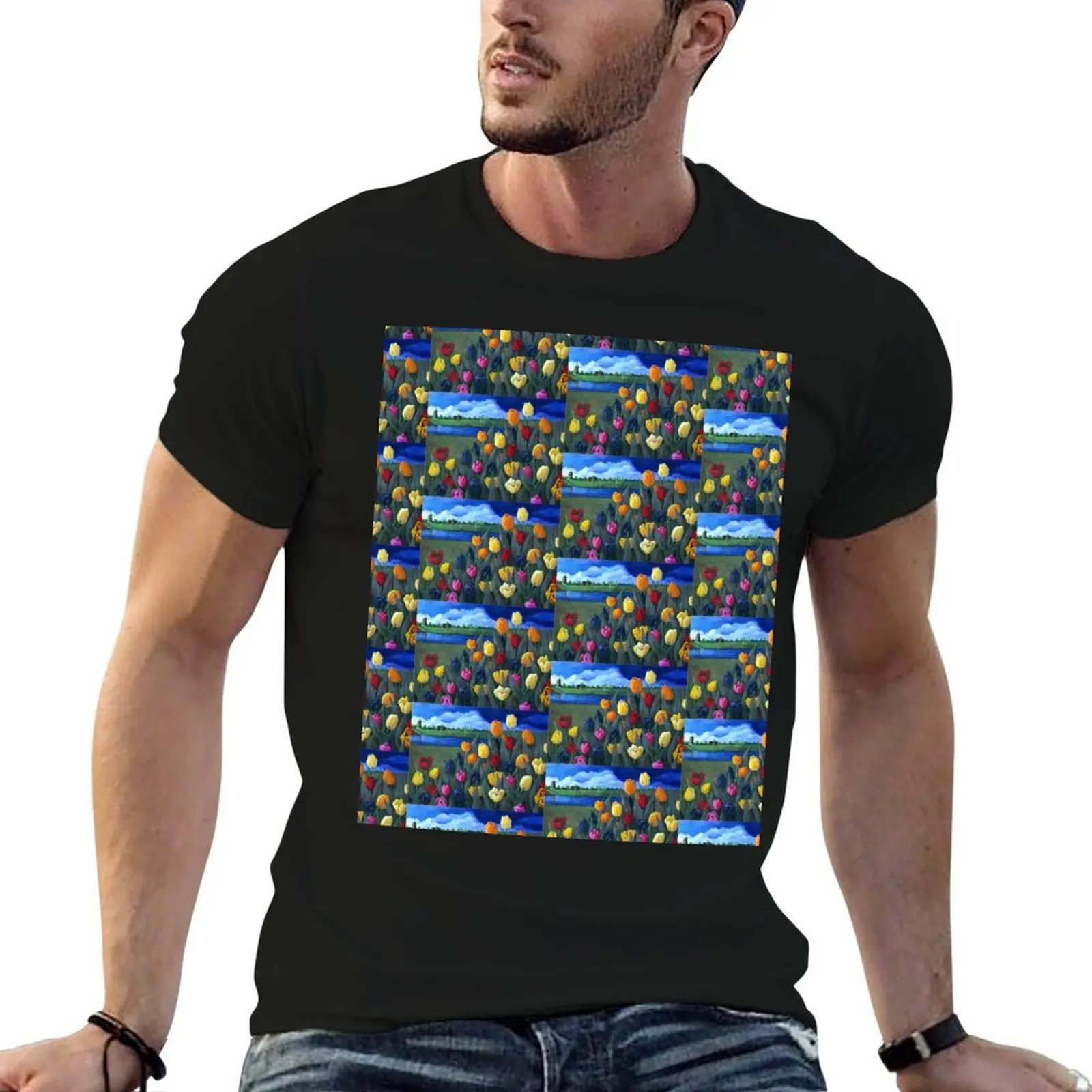 Dutch Tulips, Flowers, Original Floral Painting, Holland, Windmill T-Shirt Stylish Print Short Sleeve Tee
