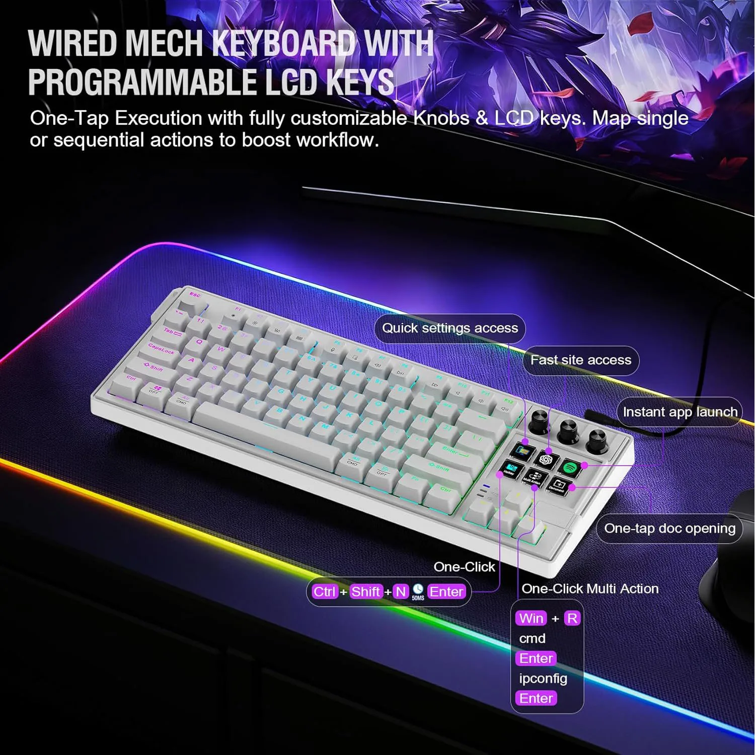 K1 PRO Best Visual LCD AI RGB Keyboard 80% Mechanical Gaming Wired Keyboard With Macro Red Axis Detachable Cable Keyboard For PC