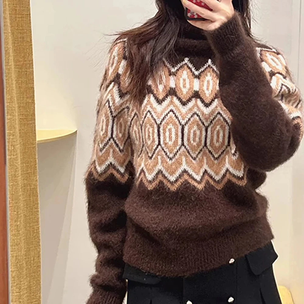 

Жаккардовый свитер с геометрическим рисунком в стиле ретро, женский зимний весенний шерстяной вязаный дизайнерский шикарный винтажный пуловер, модный джемпер, свитера