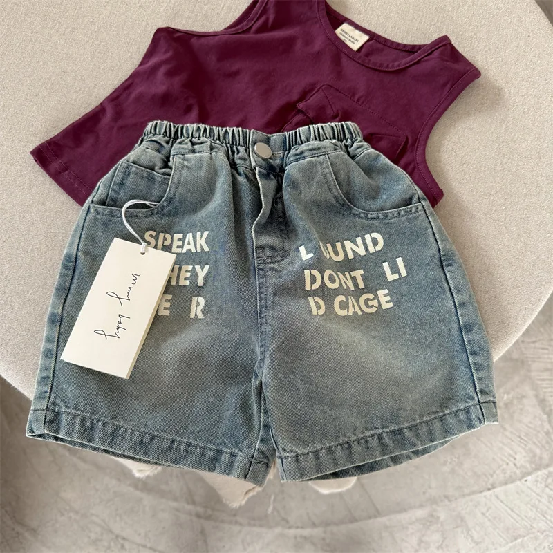 Children's shorts 2025 summer new boys and girls letter denim shorts baby five-point pants tide