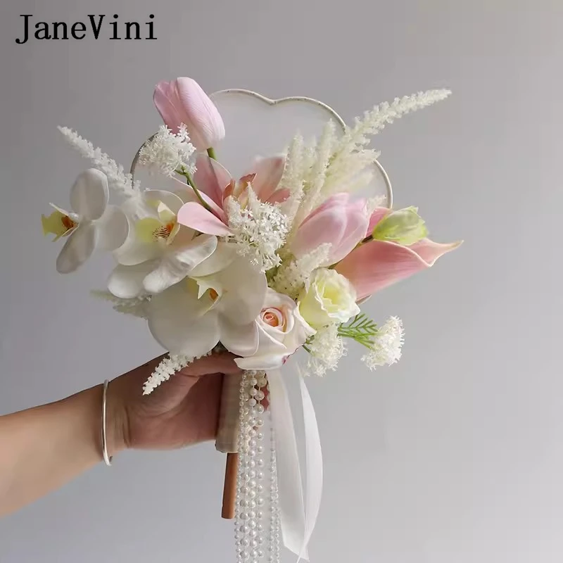 JaneVini 2024 Newest Real Touch Tulip Bridal Fan Wedding Bouquet Pink White Artificial Bride Flowers Fan Ramo Artificiales Boda