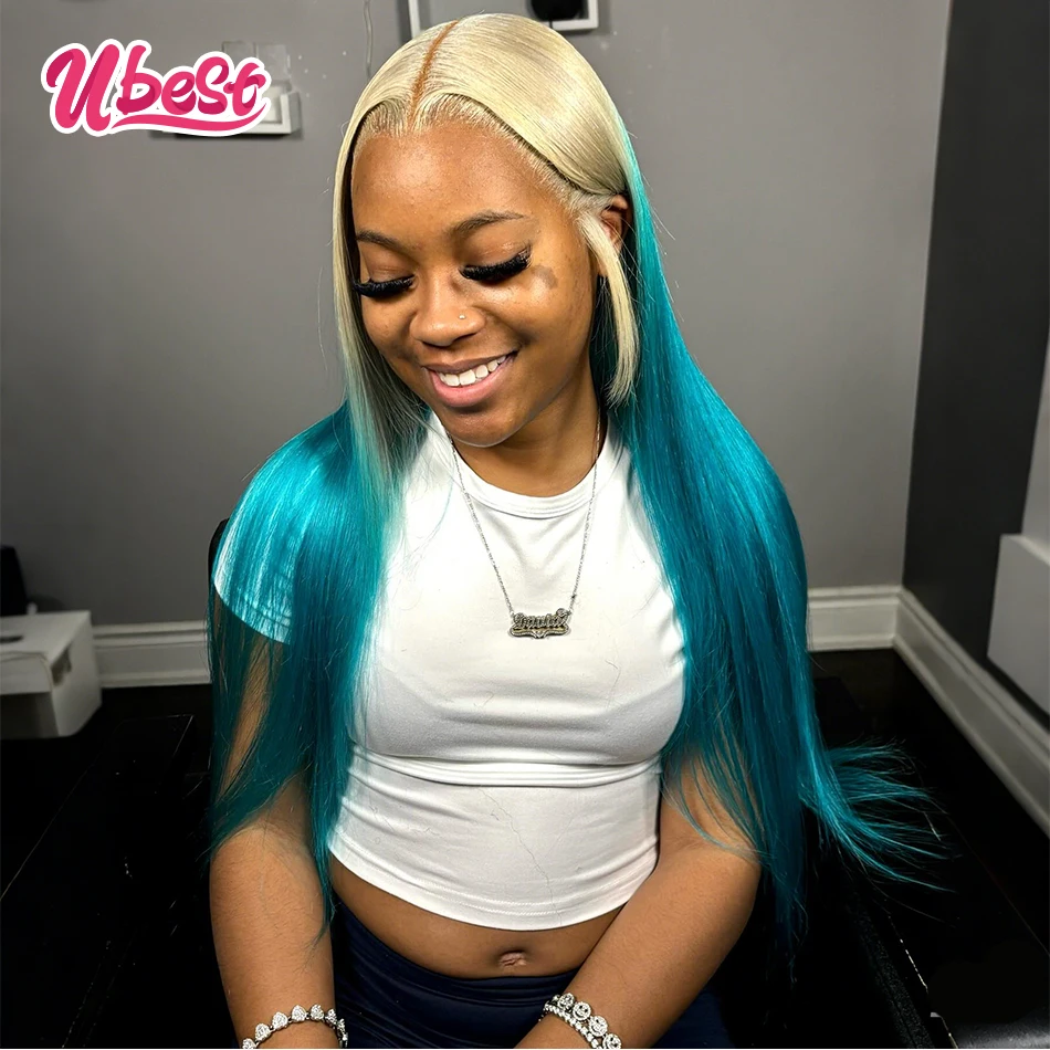 

Ombre 613 Blue Colored Straight 13x6 Lace Front Wigs Brazilian 100％ Human Hair Transparent Glueless Wig Pre Plucked For Women