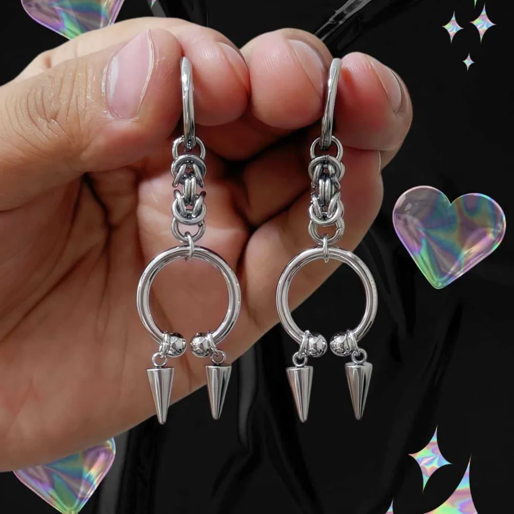 Gothic-Punk Sliver Color Stainless Steel Rivets Sharp Cone Double Ring Dangle Earring for Women Colorfast Fashion Party Jewelry