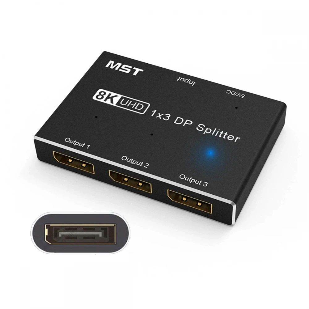DisplayPort Splitter 1 in 3/2 Out 8K@30Hz 4K@144Hz DP 1.4 Splitter SST Hub Adapter 1*3 Port for 3 Ultra HD DisplayPort
