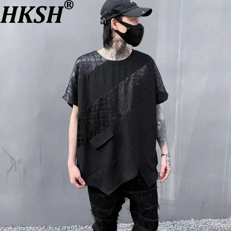 

HKSH Новая летняя мужская футболка с коротким рукавом в стиле Tide Dark, асимметричная, с пэчворком, нестандартным подолом, свободного кроя, модная, шикарная, HK22383