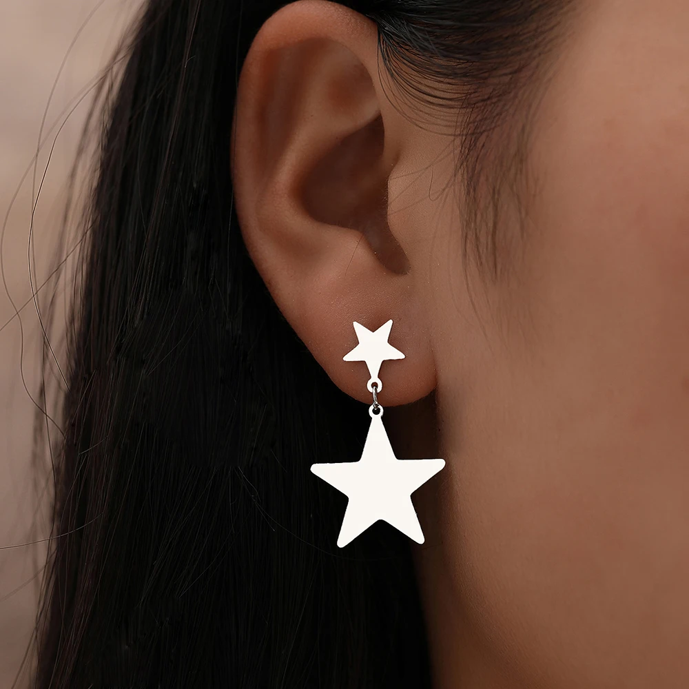 Stainless Steel Earrings Kpop Double Star Trend Fine Korean Fashion Pendants Earrings For Women Jewelry Party Lady Girls Gifts