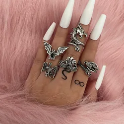 5pcs/set Vintage Dragon Bat Rings for Women Gothic Adjustable Animal Finger Opening Ring Punk Party Jewelry Set Accessories