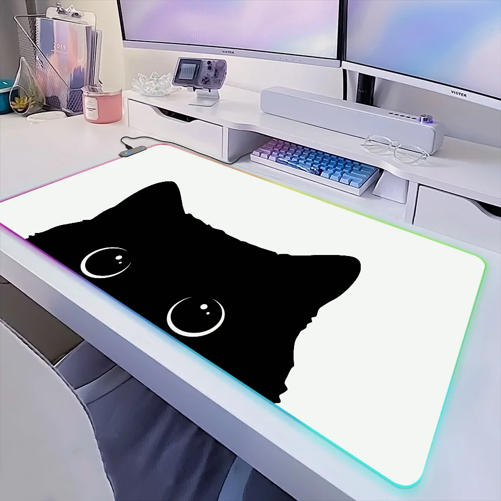 Funny black Cute Kawaii  Cat  Mouse Pad Gaming MousePad LED Table Pads Micro USB Backlit Rubber RGB Desk Mats Desktop XXL
