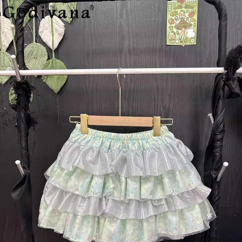 Original Handmade Mini Skirt Ladies Green Print Dopamine Y2k Bow Fluffy Cake Skirt Women's Summer High Waist Mini Skirt