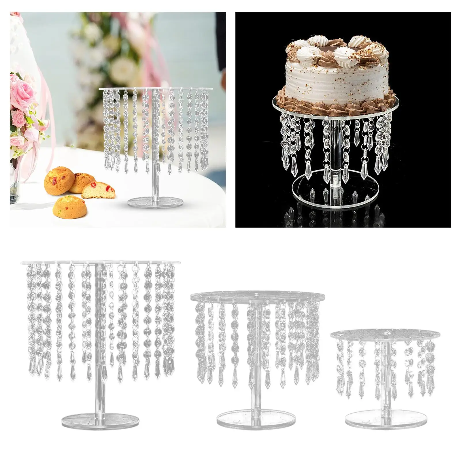 Round Cake Stand Fruit Candy Serving Tray Crystal Pendants Cookies with Mirror