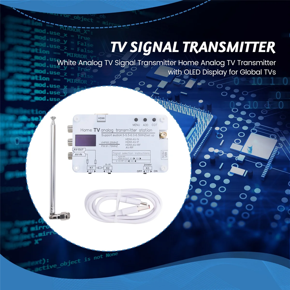 

ABZL White Analog TV Signal Transmitter Home Analog TV Transmitter with OLED Display for Global TVs